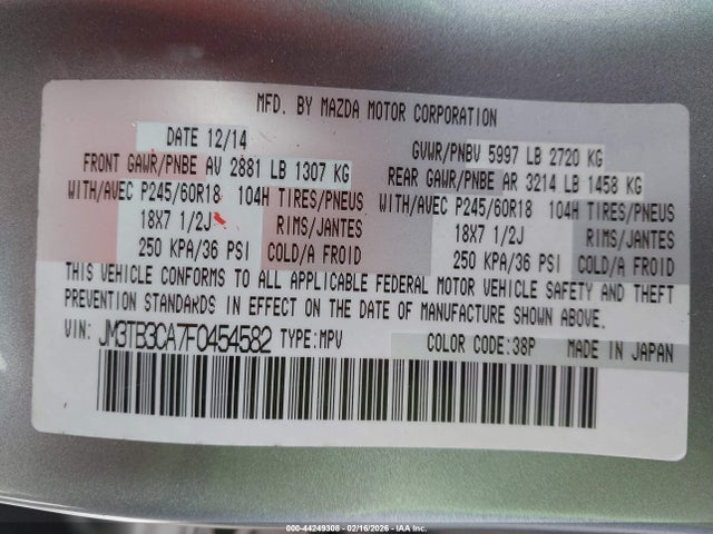 Продаж на аукціоні авто 2015 Mazda Cx-9 Touring, vin: JM3TB3CA7F0454582, номер лоту: 44249308