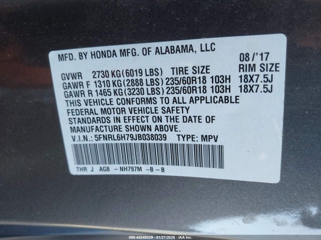 5FNRL6H79JB038039 Honda Odyssey Ex-l