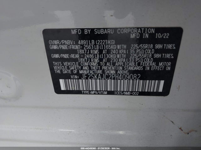2023 Subaru Forester Sport მანქანა იყიდება აუქციონზე, vin: JF2SKAJC2PH409082, აუქციონის ნომერი: 44249360