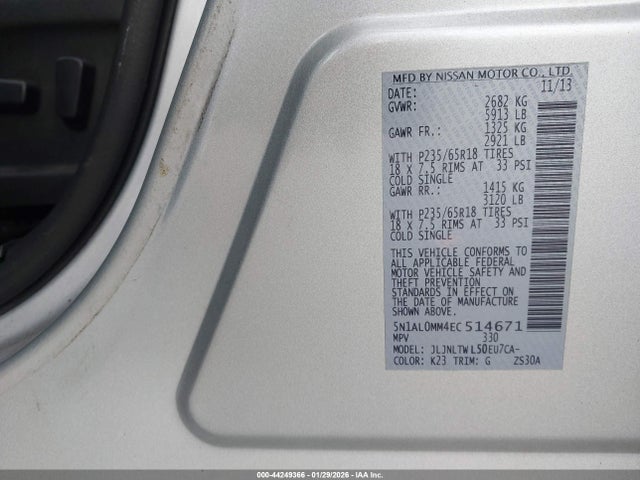 2014 Infiniti Qx60 მანქანა იყიდება აუქციონზე, vin: 5N1AL0MM4EC514671, აუქციონის ნომერი: 44249366
