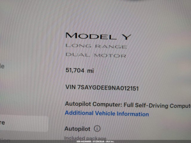 7SAYGDEE9NA012151 Tesla Model Y Long Range Dual Motor All-wheel Drive
