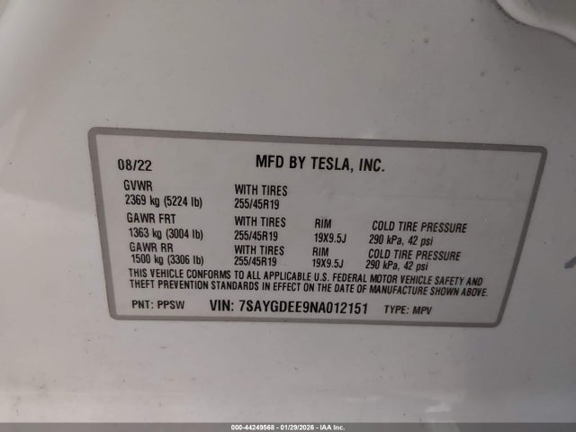 7SAYGDEE9NA012151 Tesla Model Y Long Range Dual Motor All-wheel Drive