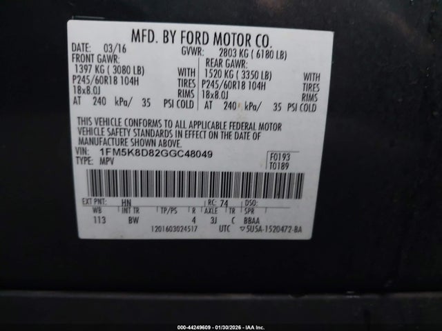 Ford EXPLORER XLT 2016 1FM5K8D82GGC48049 Image 9