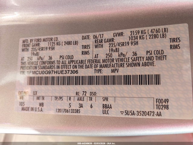 1FMCU0G97HUE37306 Ford ESCAPE SE