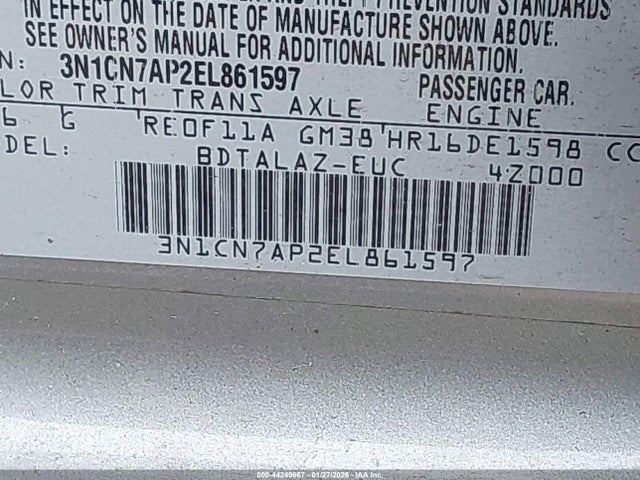 3N1CN7AP2EL861597 Nissan Versa 1.6 S+