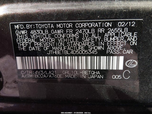 2013 Lexus Gs 350 მანქანა იყიდება აუქციონზე, vin: JTHBE1BL4D5005345, აუქციონის ნომერი: 44249681
