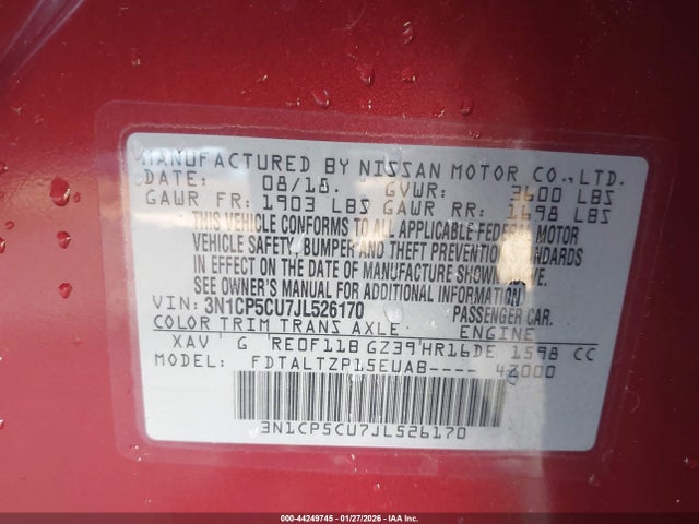 3N1CP5CU7JL526170 Nissan KICKS SR