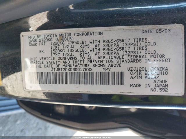 Продажа на аукционе авто 2003 Lexus Gx 470, vin: JTJBT20X030017682, номер лота: 44249760