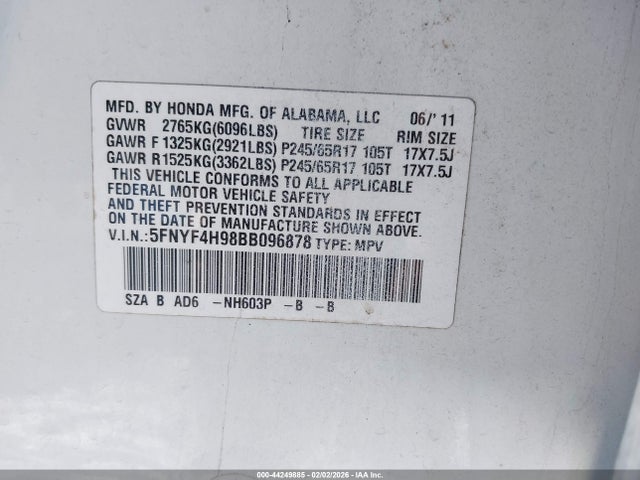 Aukcja sprzedaży 2011 Honda Pilot Touring, vin: 5FNYF4H98BB096878, numer aukcji: 44249885