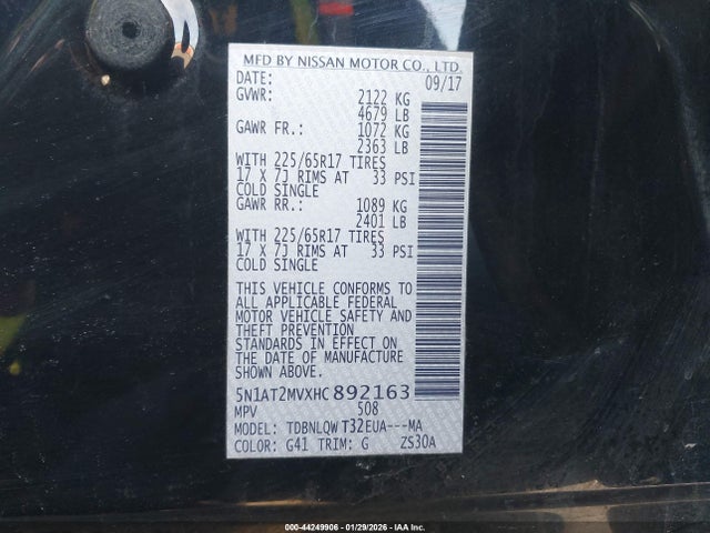 Продаж на аукціоні авто 2017 Nissan Rogue Sv, vin: 5N1AT2MVXHC892163, номер лоту: 44249906