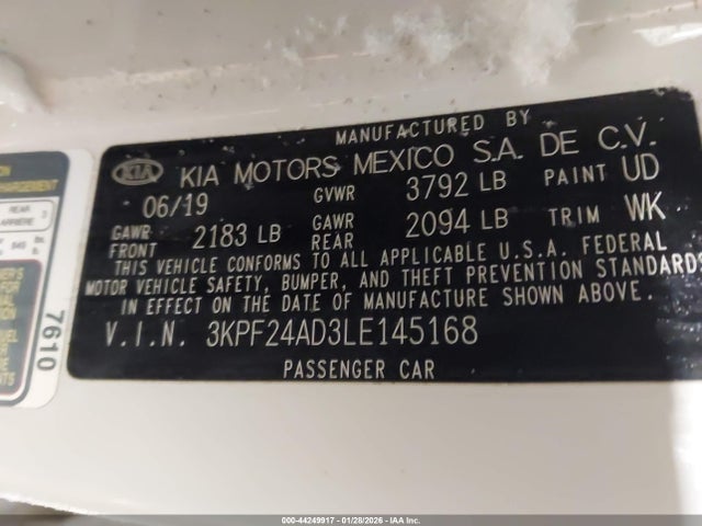 44249917 :رقم المزاد ، 3KPF24AD3LE145168 vin ، 2020 Kia Forte Lxs مزاد بيع