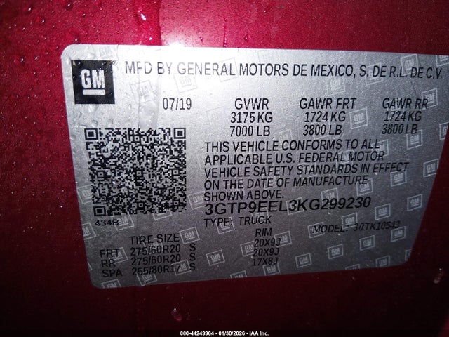Aukcja sprzedaży 2019 Gmc Sierra 1500 At4, vin: 3GTP9EEL3KG299230, numer aukcji: 44249964