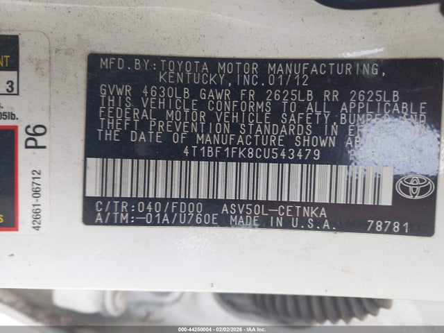 44250004 :رقم المزاد ، 4T1BF1FK8CU543479 vin ، 2012 Toyota Camry Le مزاد بيع