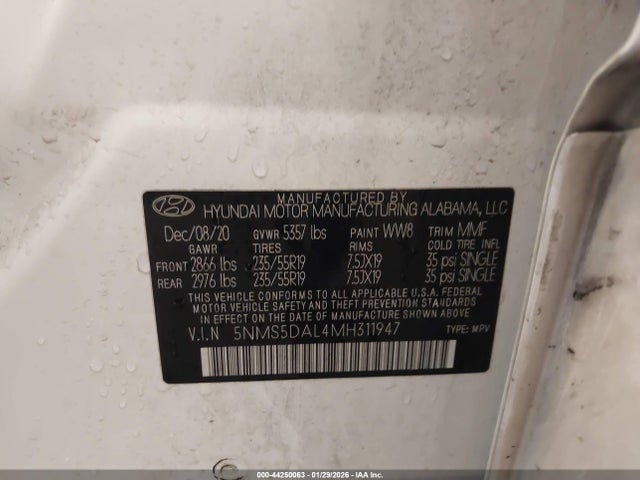 44250063 :رقم المزاد ، 5NMS5DAL4MH311947 vin ، 2021 Hyundai Santa Fe Calligraphy مزاد بيع