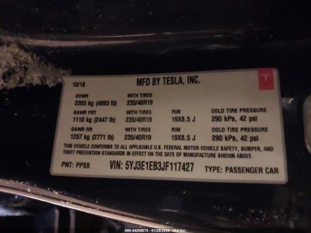 Продаж на аукціоні авто 2018 Tesla Model 3 Long Range/performance, vin: 5YJ3E1EB3JF117427, номер лоту: 44250078