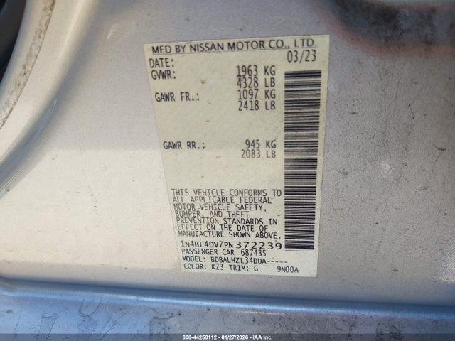 Продаж на аукціоні авто 2023 Nissan Altima Sv Fwd, vin: 1N4BL4DV7PN372239, номер лоту: 44250112