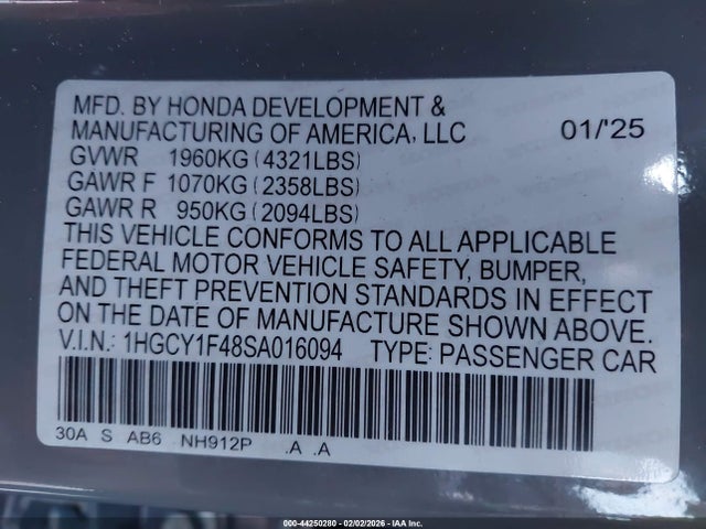 2025 Honda Accord Se მანქანა იყიდება აუქციონზე, vin: 1HGCY1F48SA016094, აუქციონის ნომერი: 44250280