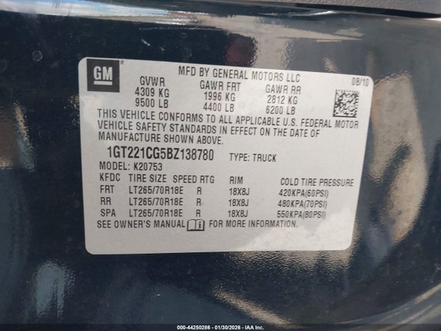 44250286 :رقم المزاد ، 1GT221CG5BZ138780 vin ، 2011 Gmc Sierra 2500hd Slt مزاد بيع