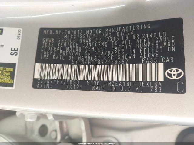 Продаж на аукціоні авто 2024 Toyota Corolla Le, vin: 5YFB4MDE8RP158552, номер лоту: 44250319