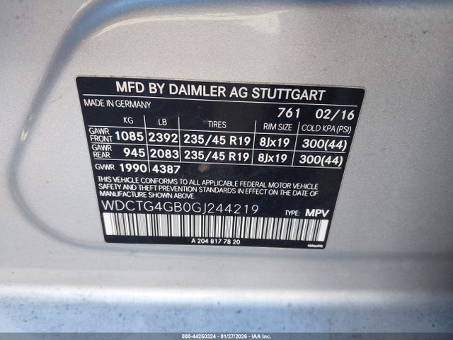 Aukcja sprzedaży 2016 Mercedes-benz Gla 250 4matic, vin: WDCTG4GB0GJ244219, numer aukcji: 44250324