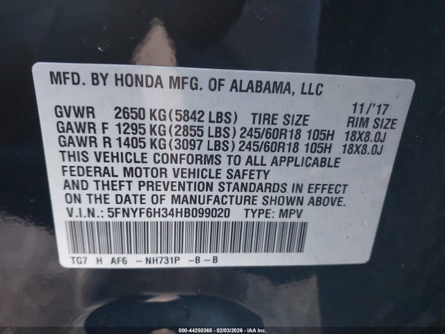 5FNYF6H34HB099020 Honda Pilot Ex