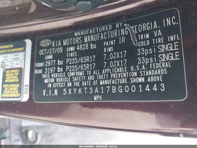 Aukcja sprzedaży 2011 Kia Sorento Lx, vin: 5XYKT3A17BG001443, numer aukcji: 44250589