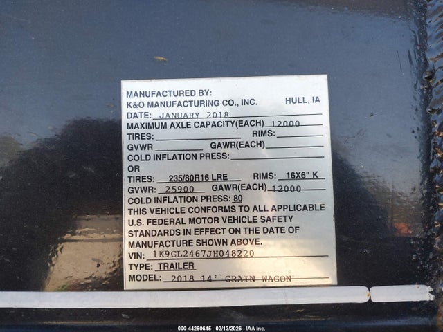 1K9GL2467JH048220 Pace Grain Wagon