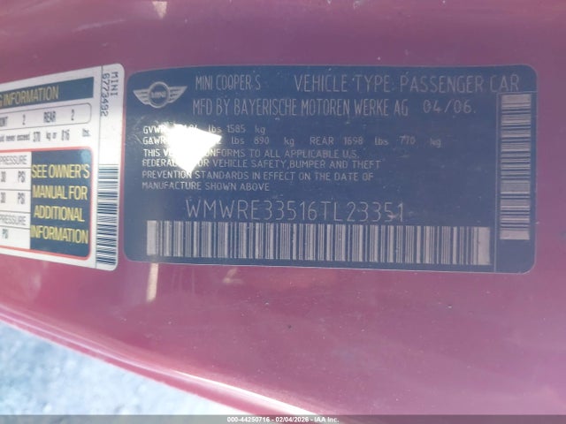 2006 MINI COOPER S WMWRE33516TL23351 Photo 8