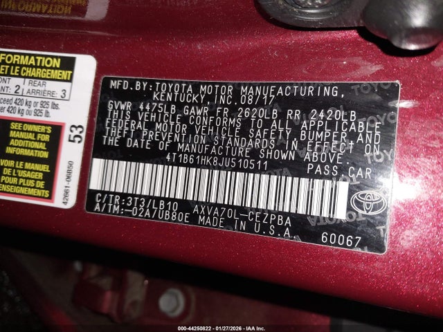 4T1B61HK8JU510511 Toyota CAMRY XSE
