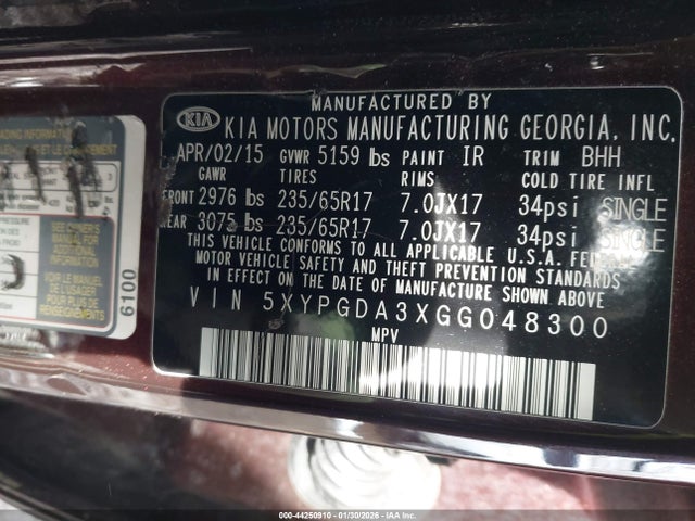 2016 Kia Sorento 2.4l Lx მანქანა იყიდება აუქციონზე, vin: 5XYPGDA3XGG048300, აუქციონის ნომერი: 44250910