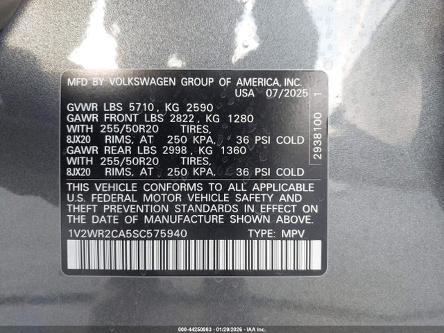 44250983 :رقم المزاد ، 1V2WR2CA5SC575940 vin ، 2025 Volkswagen Atlas 2.0t Se W/technology مزاد بيع