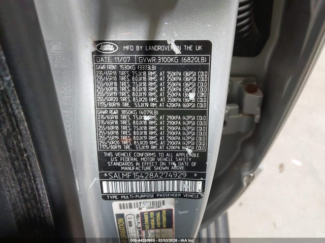 2008 LAND ROVER RANGE ROVER SALMF15428A274929 Photo 8