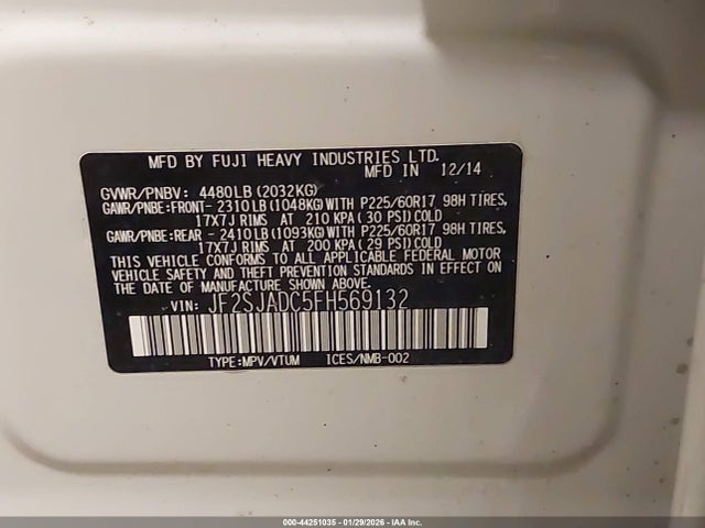 Продажа на аукционе авто 2015 Subaru Forester 2.5i Premium, vin: JF2SJADC5FH569132, номер лота: 44251035