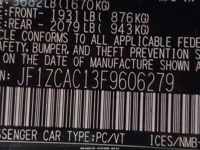 Aukcja sprzedaży 2015 Subaru Brz Limited, vin: JF1ZCAC13F9606279, numer aukcji: 44251101
