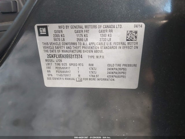 Aukcja sprzedaży 2014 Gmc Terrain Sle-1, vin: 2GKFLVEK8E6317374, numer aukcji: 44251367