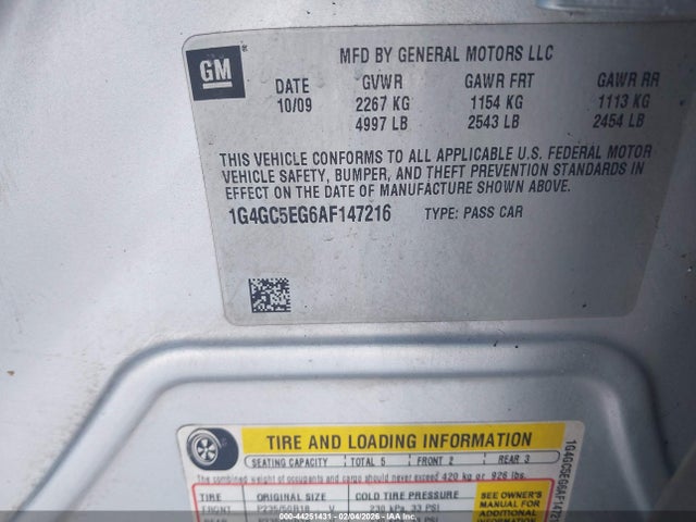 2010 Buick Lacrosse Cxl მანქანა იყიდება აუქციონზე, vin: 1G4GC5EG6AF147216, აუქციონის ნომერი: 44251431