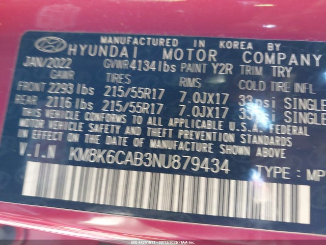 Продаж на аукціоні авто 2022 Hyundai Kona Sel, vin: KM8K6CAB3NU879434, номер лоту: 44251511