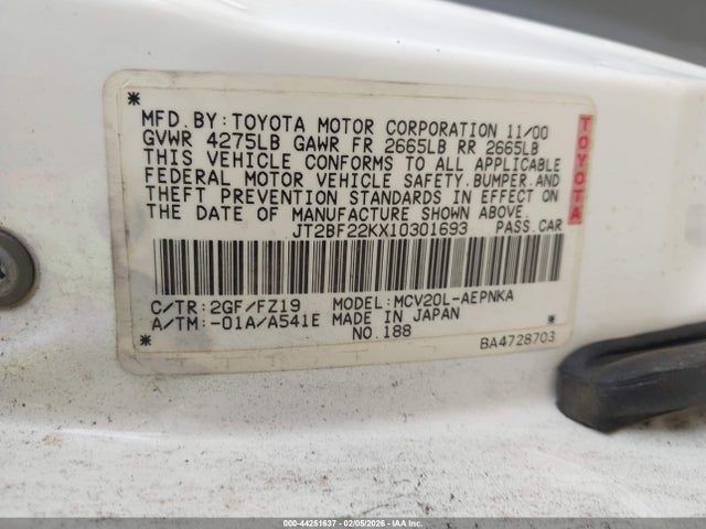 2001 TOYOTA CAMRY JT2BF22KX10301693 Photo 8