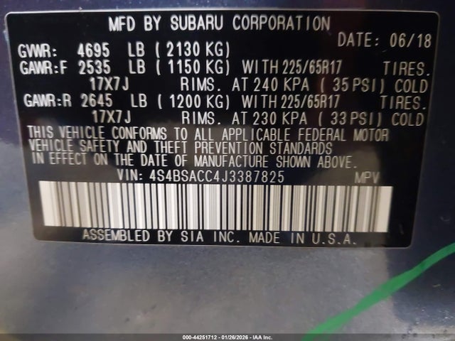 Продажа на аукционе авто 2018 Subaru Outback 2.5i Premium, vin: 4S4BSACC4J3387825, номер лота: 44251712