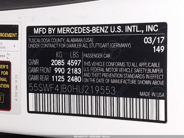 44251757 :رقم المزاد ، 55SWF4JB0HU219553 vin ، 2017 Mercedes-benz C 300 مزاد بيع