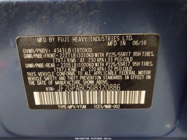 2016 Subaru Crosstrek 2.0i Premium მანქანა იყიდება აუქციონზე, vin: JF2GPABC5G8320886, აუქციონის ნომერი: 44251766