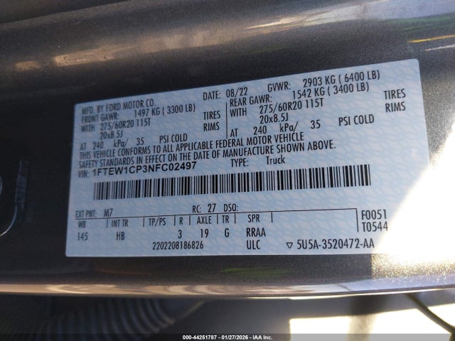 Aukcja sprzedaży 2022 Ford F-150 Lariat, vin: 1FTEW1CP3NFC02497, numer aukcji: 44251787