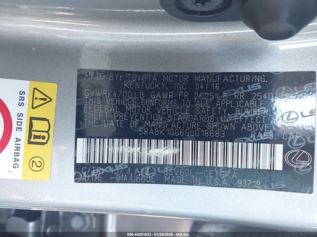44251833 :رقم المزاد ، 58ABK1GG6GU018683 vin ، 2016 Lexus Es 350 مزاد بيع