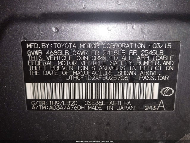 Aukcja sprzedaży 2015 Lexus Is 250, vin: JTHCF1D2XF5025706, numer aukcji: 44251839