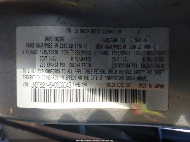 Продажа на аукционе авто 2010 Mazda Cx-9 Grand Touring, vin: JM3TB2MA6A0208043, номер лота: 44251879