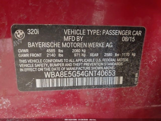 2016 Bmw 320i Xdrive მანქანა იყიდება აუქციონზე, vin: WBA8E5G54GNT40653, აუქციონის ნომერი: 44251896