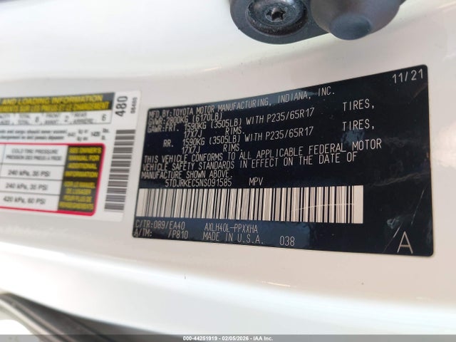Aukcja sprzedaży 2022 Toyota Sienna Xle, vin: 5TDJRKEC5NS091585, numer aukcji: 44251919