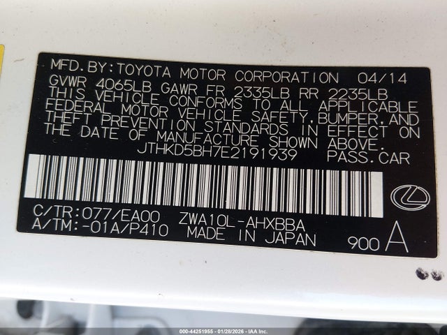 44251955 :رقم المزاد ، JTHKD5BH7E2191939 vin ، 2014 Lexus Ct 200h مزاد بيع
