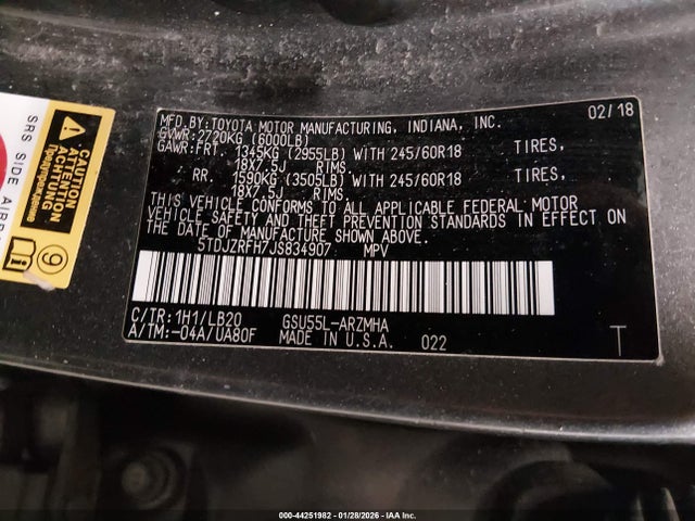 5TDJZRFH7JS834907 Toyota Highlander Xle