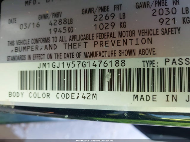 2016 Mazda Mazda6 I Touring მანქანა იყიდება აუქციონზე, vin: JM1GJ1V57G1476188, აუქციონის ნომერი: 44252081